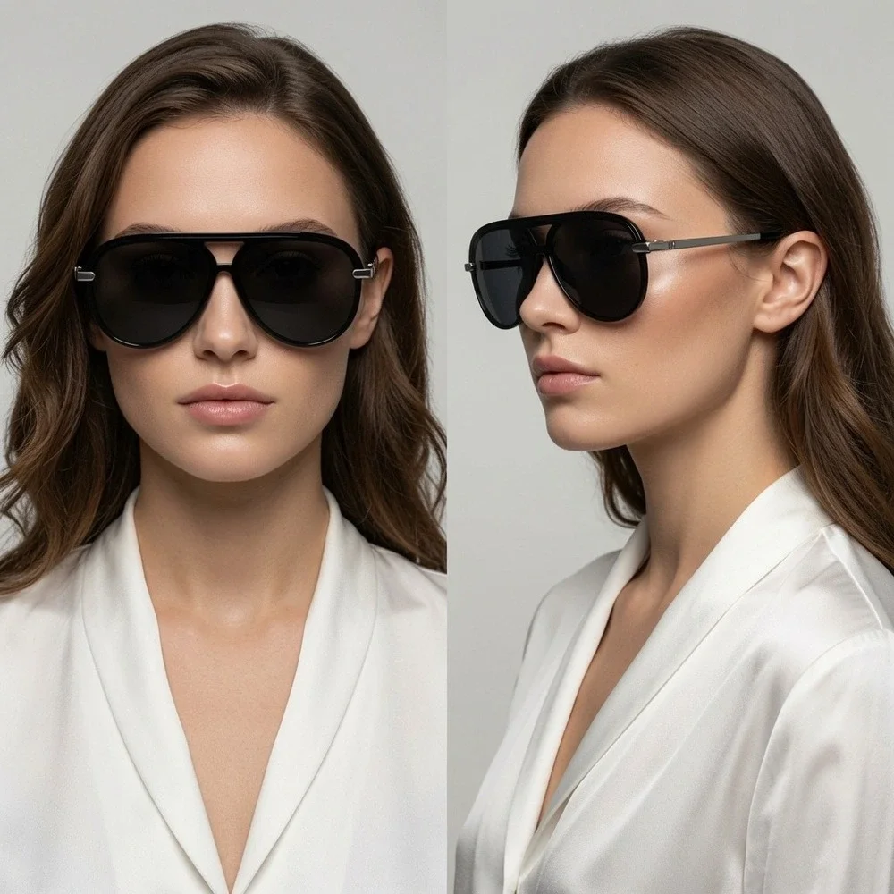 Navigator sunglasses feature a bold flat-top silhouette dark smoke-tinted lenses